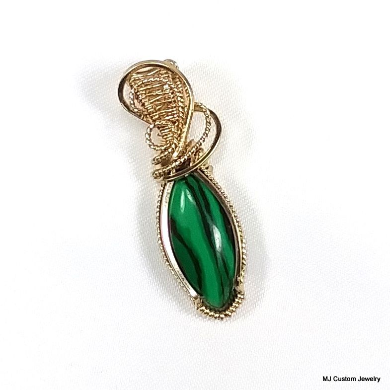 Malachite Marquise 14k GF Wire Wrapped Pendant