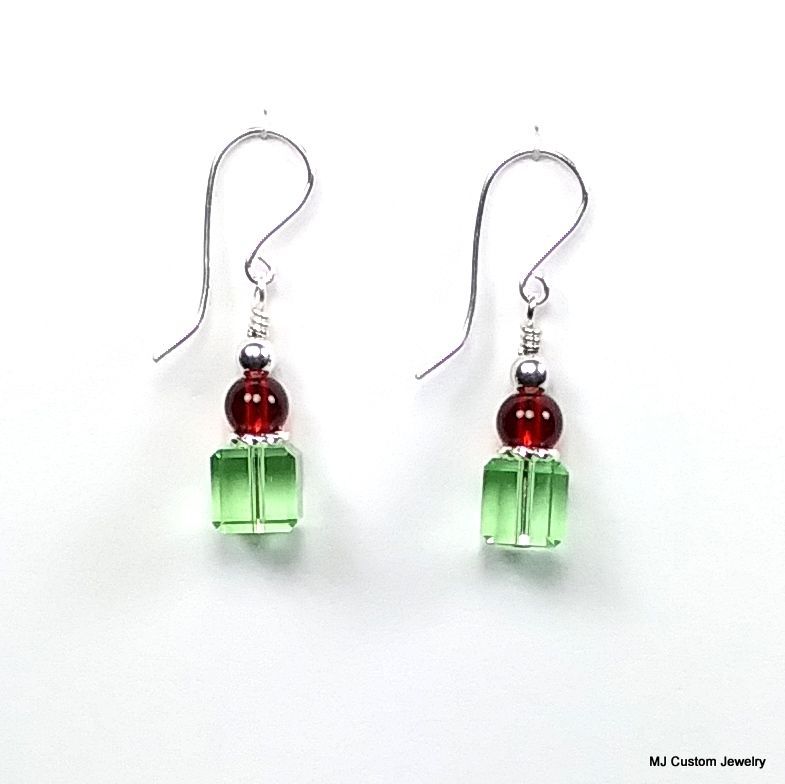 Green Czech Crystal Cube Holiday Earrings