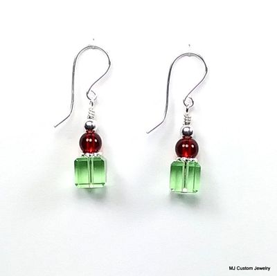 Green Czech Crystal Cube Holiday Earrings