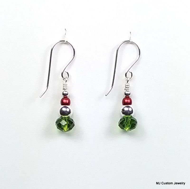 Green Crystal & Red Pearl Holiday Earrings