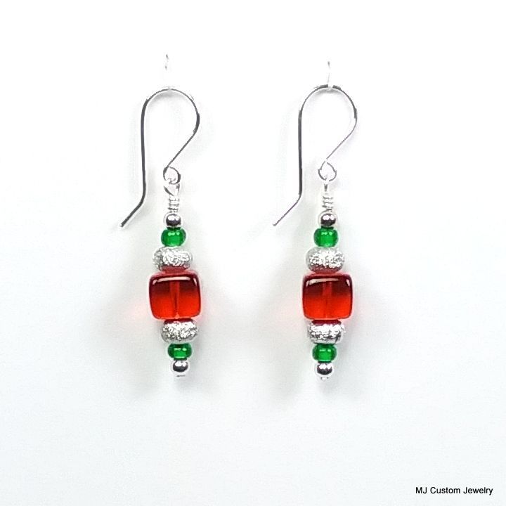 Red Czech Glass Cube Ornament  Earrings