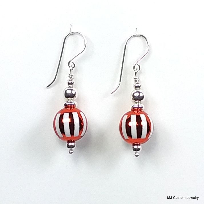 Red & White Striped Christmas Ball Earrings