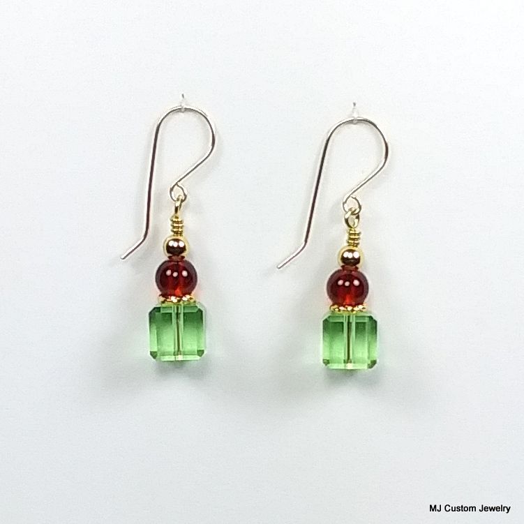 Green Czech Crystal Cube 14k GF Holiday Earrings