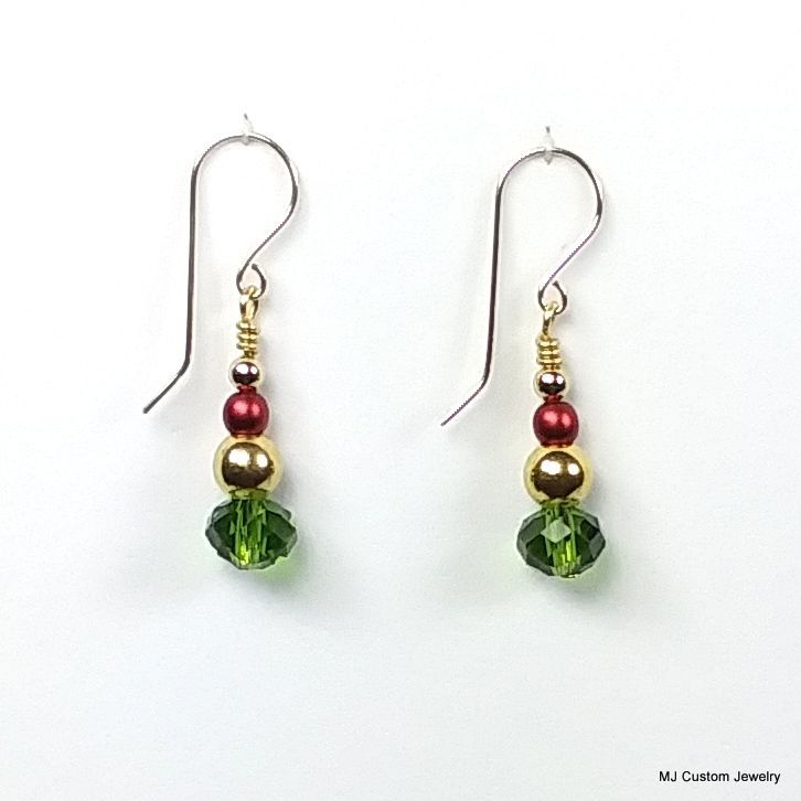 Green Crystal & Red Pearl 14k GF Holiday Earrings