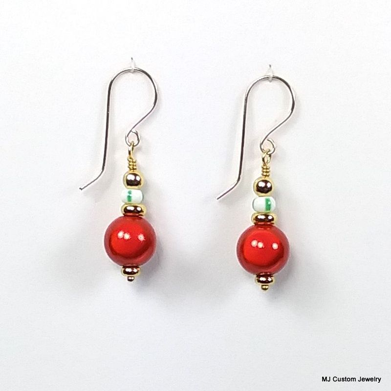 Red Miracle Glass & Mint Candy 14k Holiday Earrings