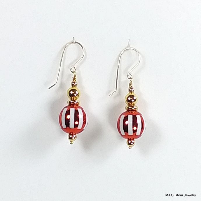 Red & White Striped Christmas Ball 14k GF Earrings