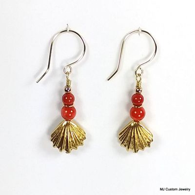 Red Coral & Golden Sea Shell 14k GF Earrings