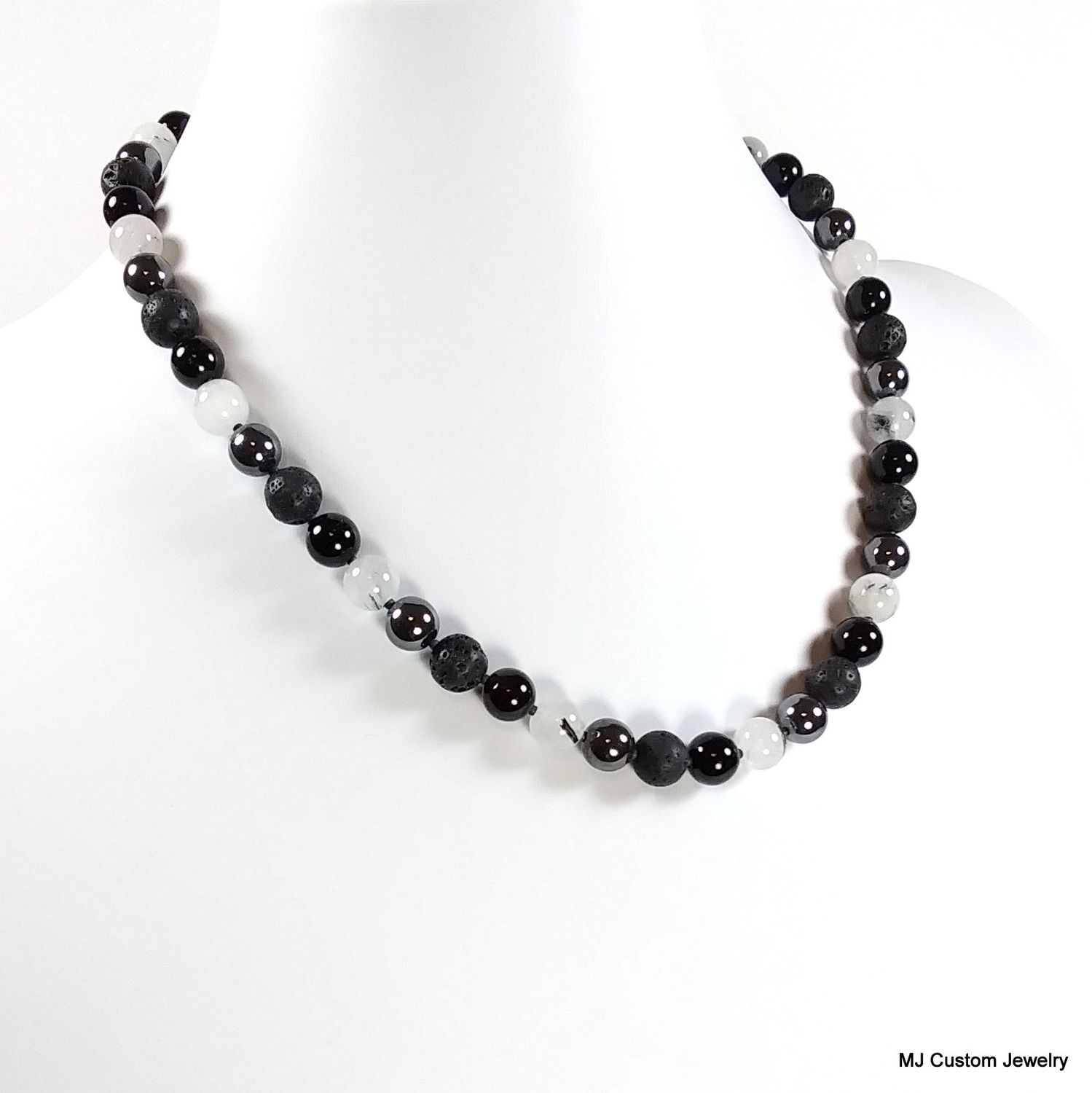 Tourmalinated Quartz, Lava Rock, Onyx & Hematite Necklace