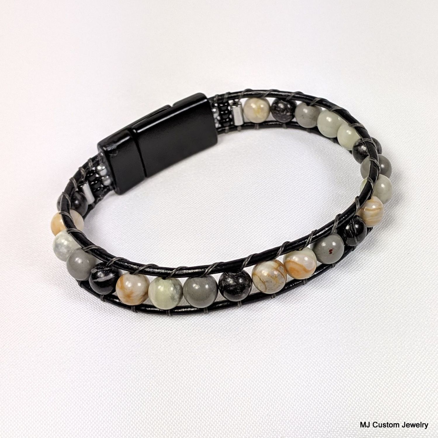 Picasso Jasper Black Magnetic Clasp Leather Bracelet