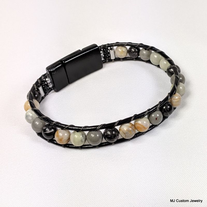 Picasso Jasper Black Magnetic Clasp Leather Bracelet