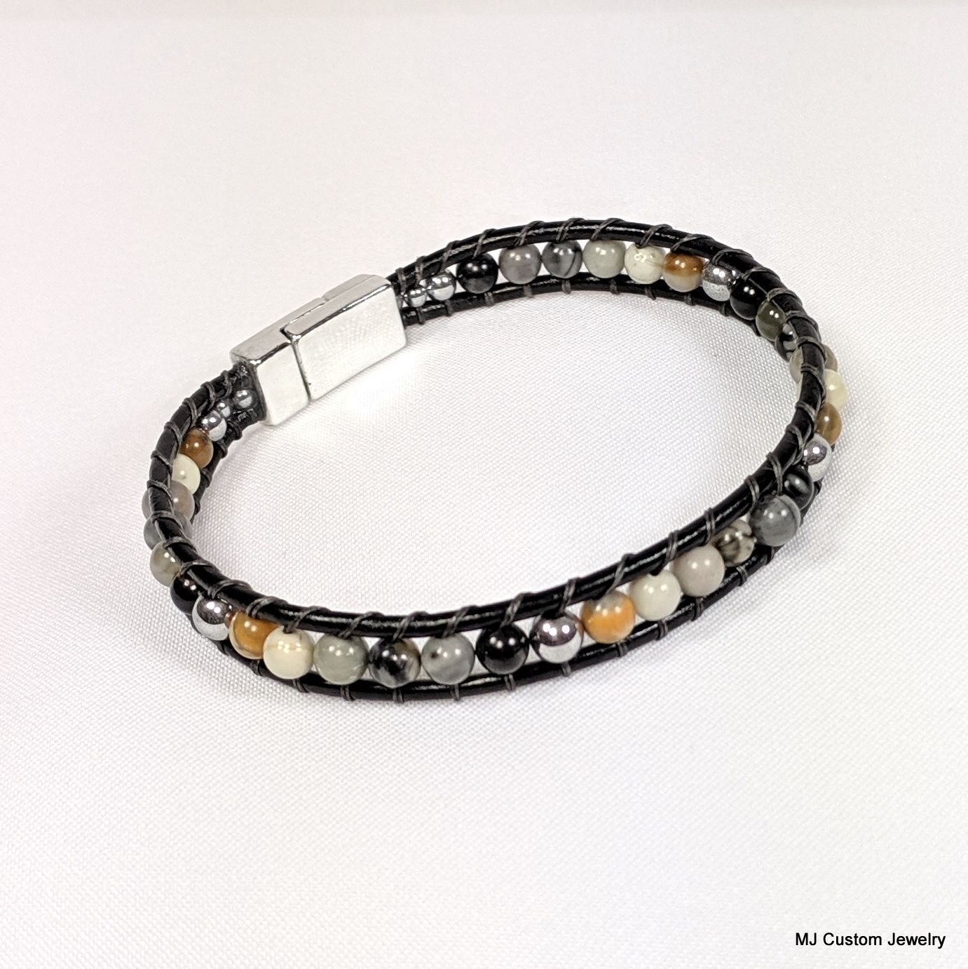 Picasso Jasper & Silver Hematite Magnetic Clasp Leather Bracelet