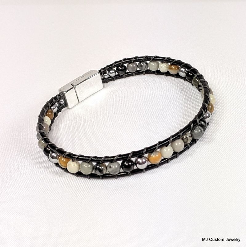 Picasso Jasper & Silver Hematite Magnetic Clasp Leather Bracelet