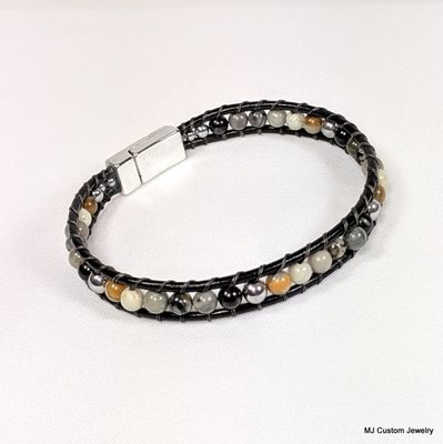 Picasso Jasper & Silver Hematite Magnetic Clasp Leather Bracelet