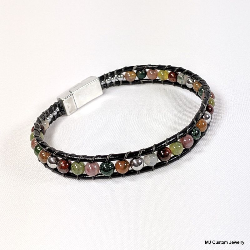 Fancy Jasper & Silver Hematite Magnetic Clasp Leather Bracelet