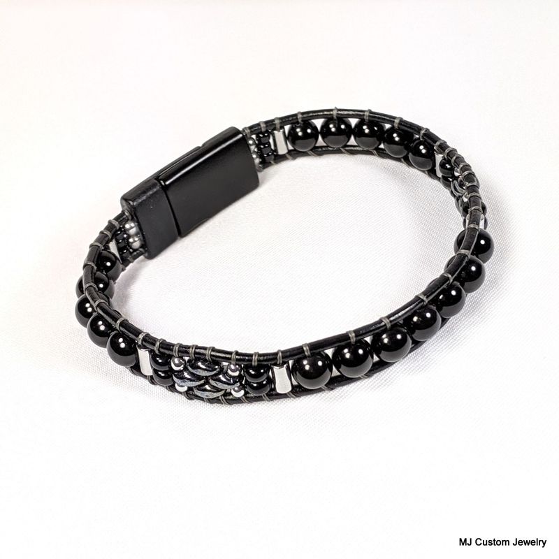 Onyx & Hematite Black Magnetic Clasp Leather Bracelet