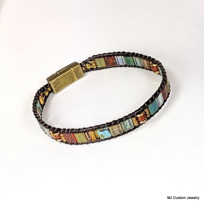 Glass Tiles, Terracotta & Bronze Magnetic Clasp Leather Bracelet