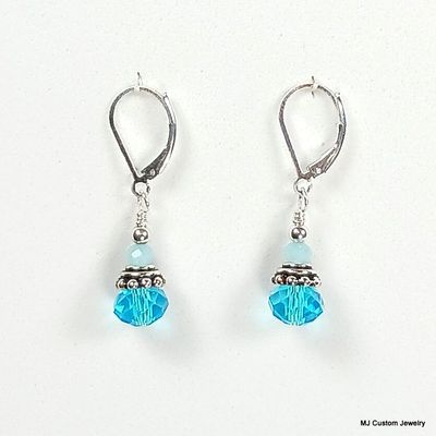 Aquamarine Lead Crystal & Bali-Style Bead Cap Earrings