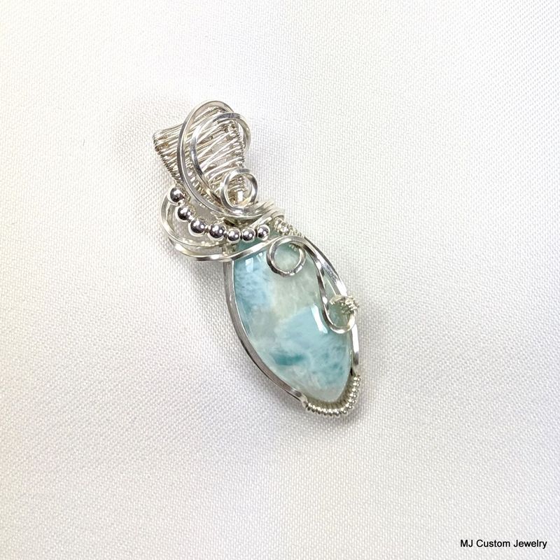 Larimar Marquise & Silver Beads Wire Wrapped Pendant