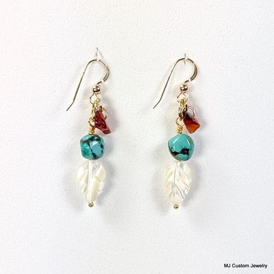 Mother of Pearl Carved Leaf, Turquoise & Carnelian 14k GF Earrings