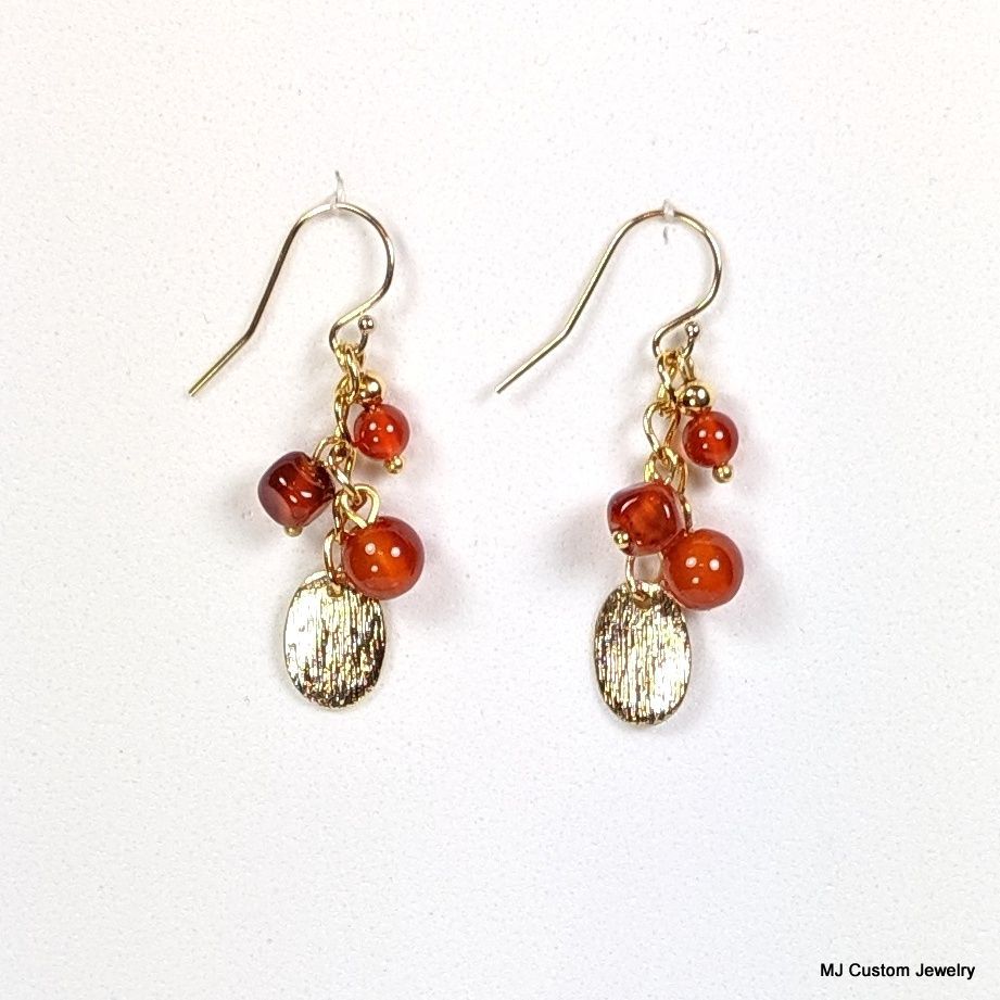 Carnelian & Brushed Gold Drop Chain Earrings