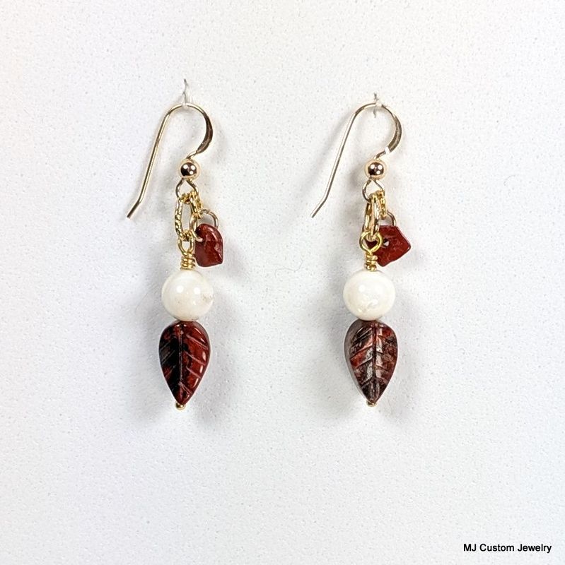 Brecciated Jasper Carved Leaf & Mother of Pearl 14k GF Earrings