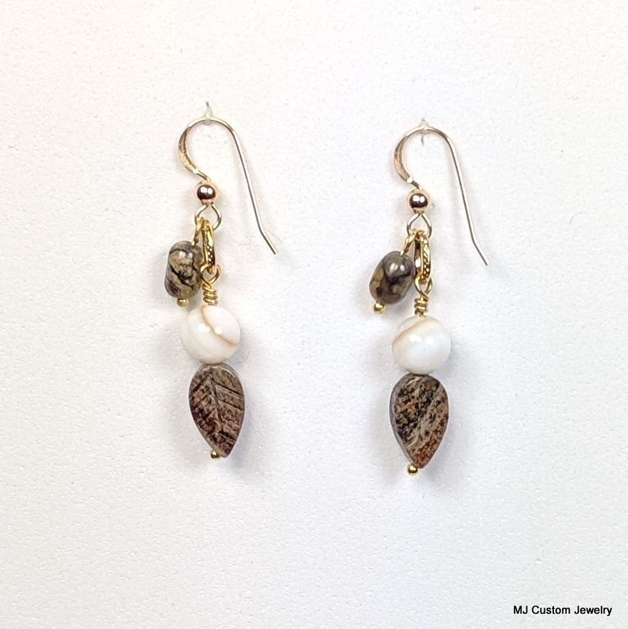 Jasper Carved Leaf & Mother of Pearl 14k GF Earrings