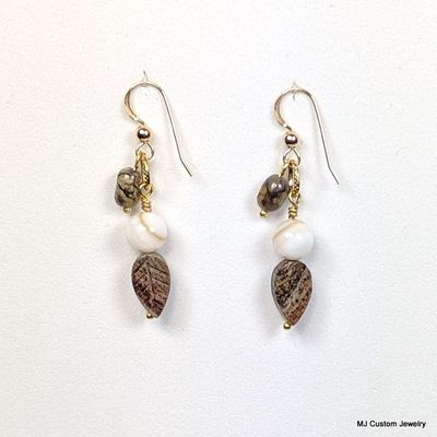 Jasper Carved Leaf & Mother of Pearl 14k GF Earrings