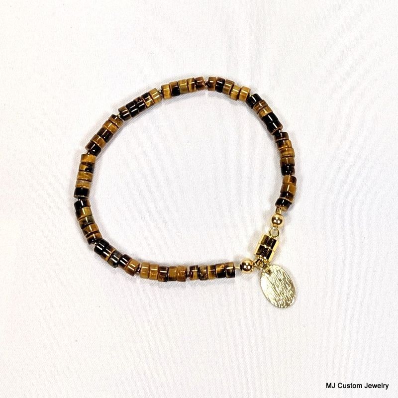 Tigereye Heishi & Brushed Gold Drop Magnetic Clasp Bracelet