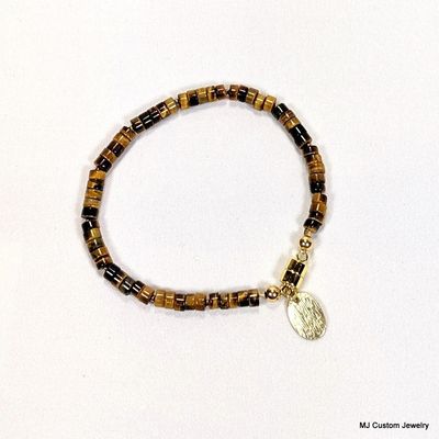 Tigereye Heishi & Brushed Gold Drop Magnetic Clasp Bracelet