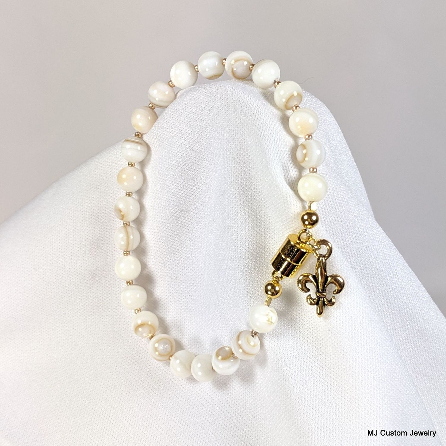 Mother of Pearl & Fleur-de-lis Charm Magnetic Clasp Bracelet