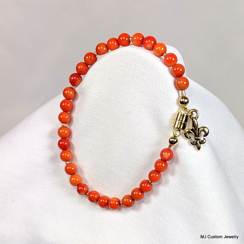 Red Coral & Fleur-de-lis Charm Magnetic Clasp Bracelet