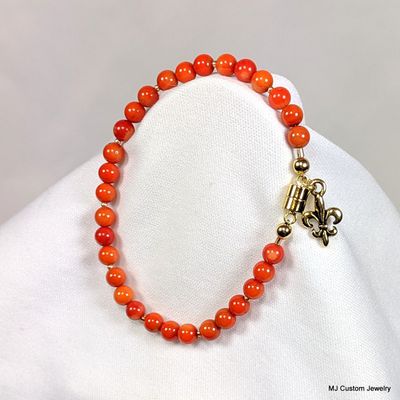 Red Coral & Fleur-de-lis Charm Magnetic Clasp Bracelet