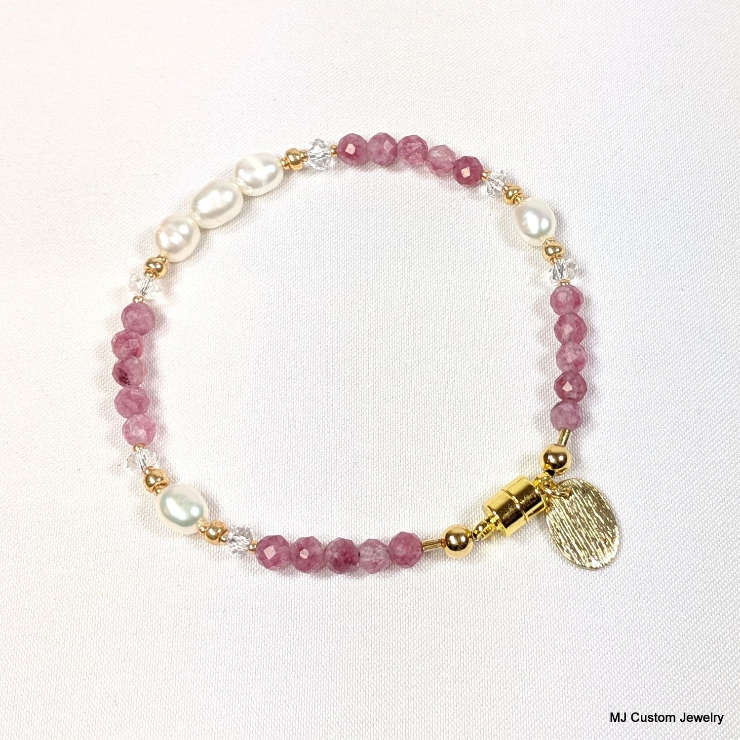 Pink Tourmaline, FW Pearl & Brushed Gold Drop Magnetic Clasp Bracelet