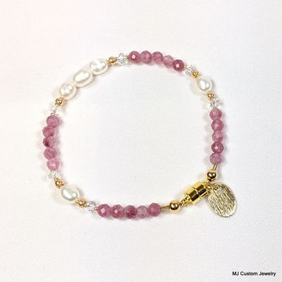 Pink Tourmaline, FW Pearl & Brushed Gold Drop Magnetic Clasp Bracelet