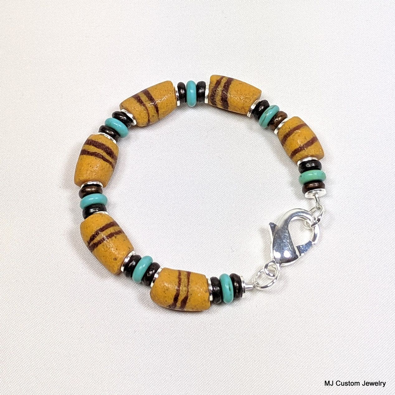 African Trade Bead, Turquoise & Bone Jumbo Clasp Bracelet