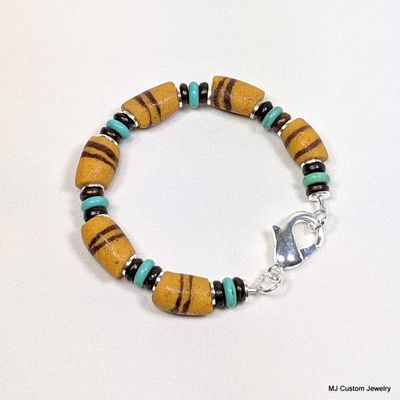African Trade Bead, Turquoise & Bone Jumbo Clasp Bracelet