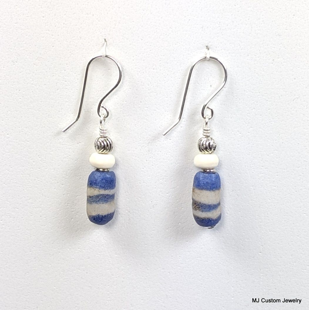 Blue Banded Trade Bead & Camel Bone Earrings