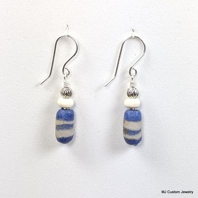 Blue Banded Trade Bead & Camel Bone Earrings