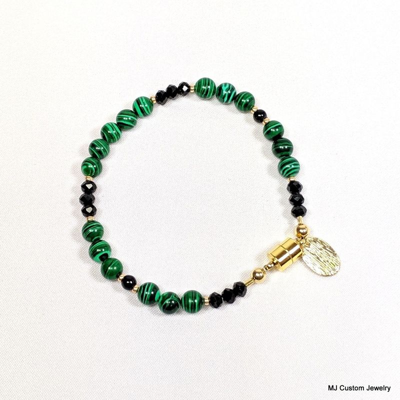 Malachite, Jet Glass & Brushed Gold Drop Magnetic Clasp Bracelet