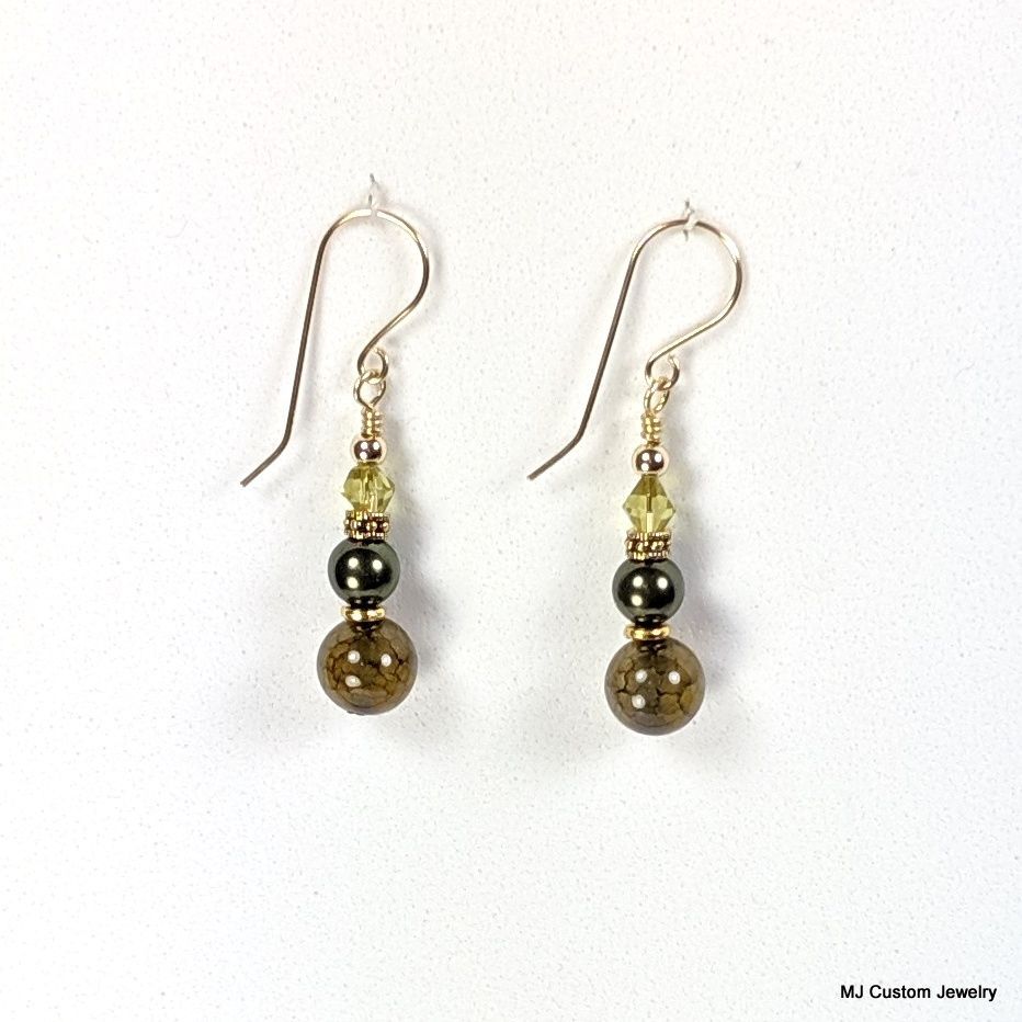 Crackle Agate & Swarovski Pearl Rococo 14k GF Earrings