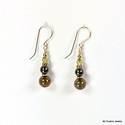 Crackle Agate & Swarovski Pearl Rococo 14k GF Earrings