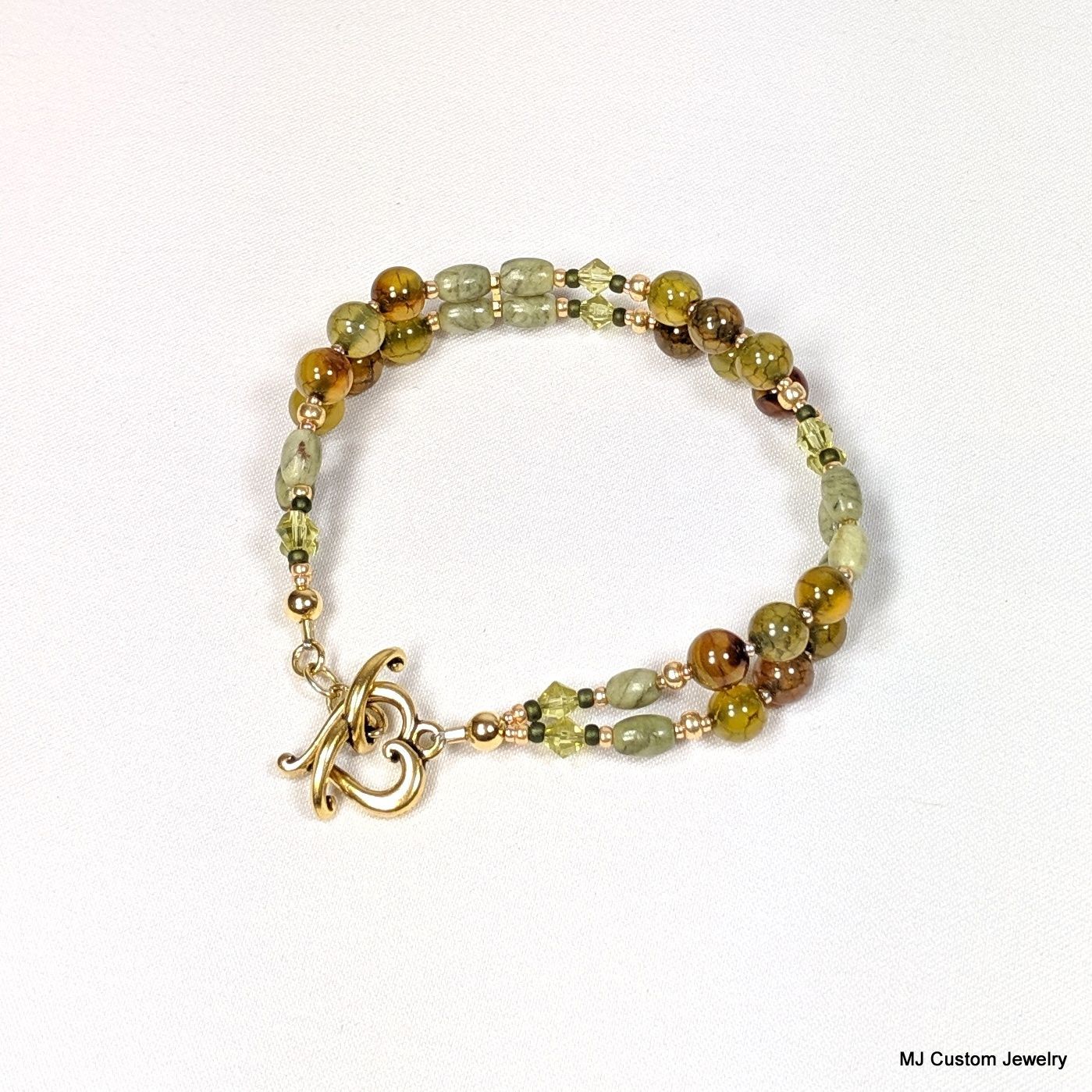 Olive Tones Agate & Jasper Gold Heart Toggle Bracelet