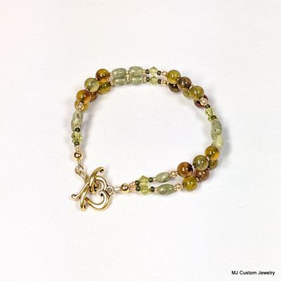Olive Tones Agate & Jasper Gold Heart Toggle Bracelet