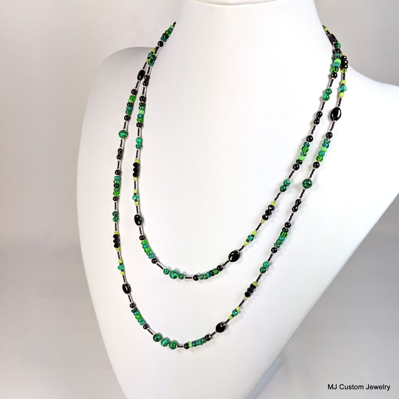 Malachite & Jet Glass Double Strand Necklace