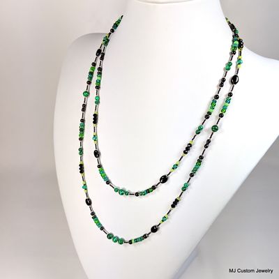 Malachite & Jet Glass Double Strand Necklace