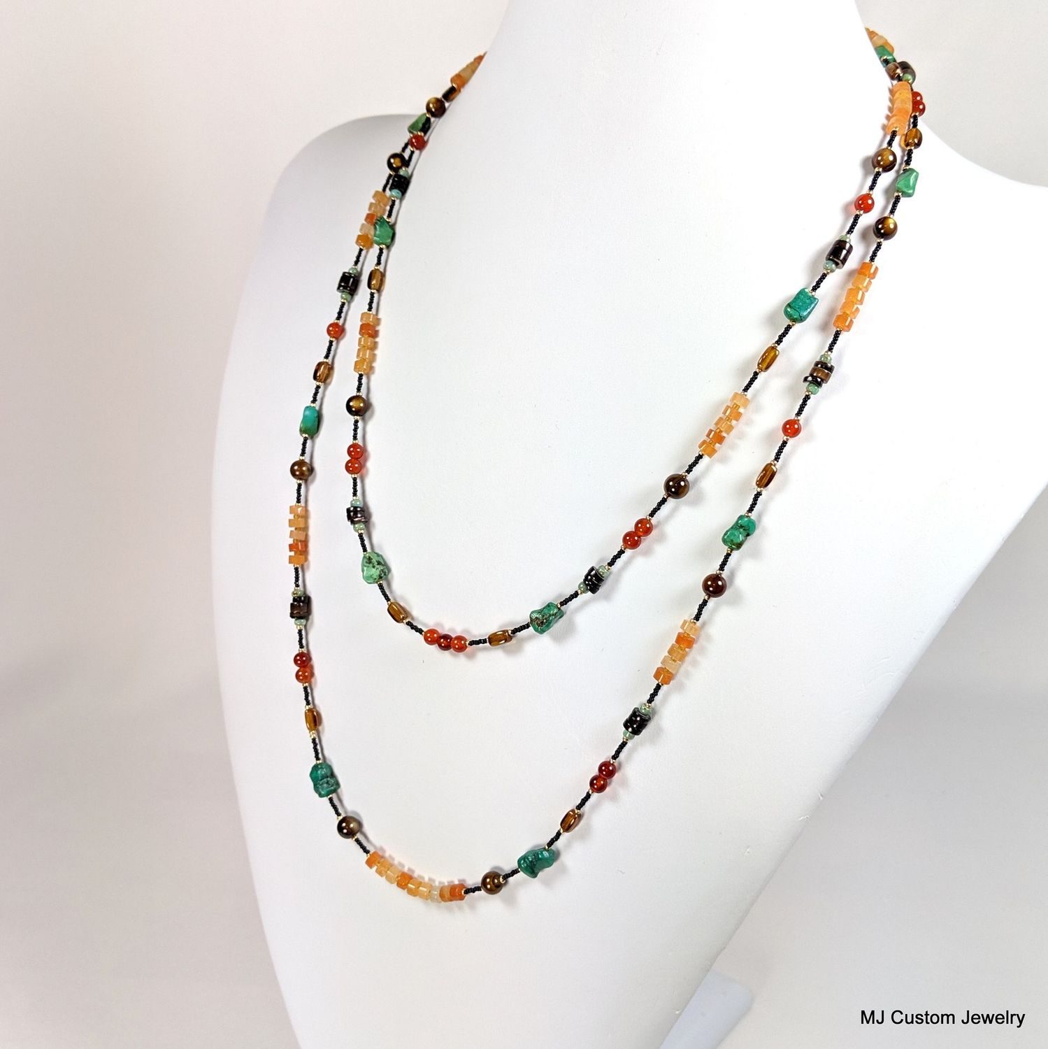 Carnelian, Turquoise & Pen Shell Double Strand Necklace