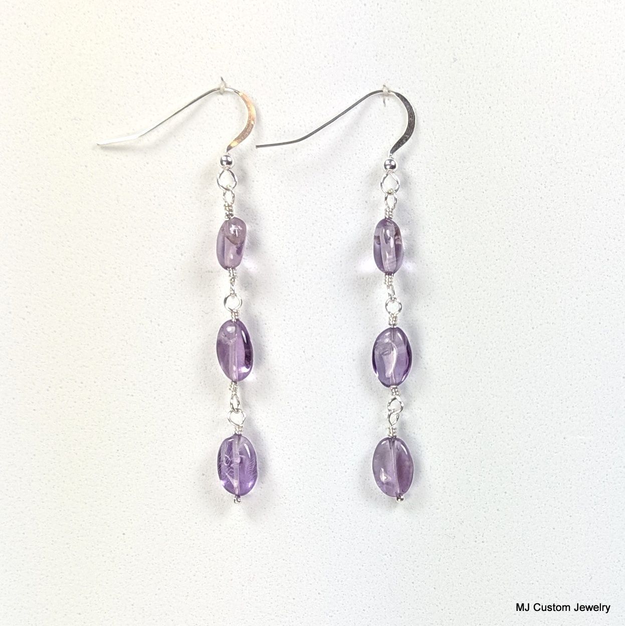 Amethyst Oval Nuggets Triple Stone Dangle Earrings