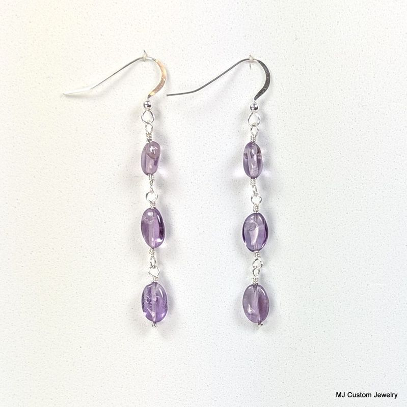 Amethyst Oval Nuggets Triple Stone Dangle Earrings