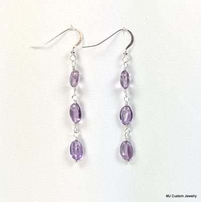 Amethyst Oval Nuggets Triple Stone Dangle Earrings