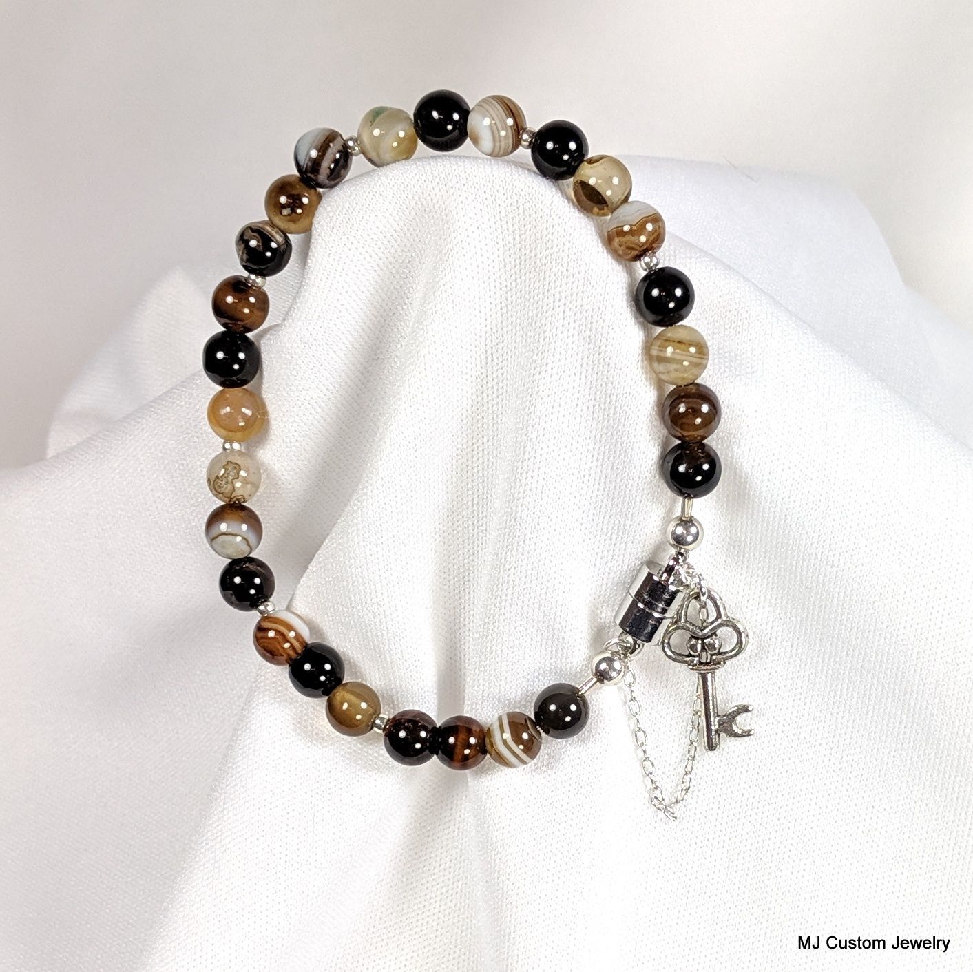 Brown Dream Agate & Antique Key Charm Magnetic Clasp Bracelet